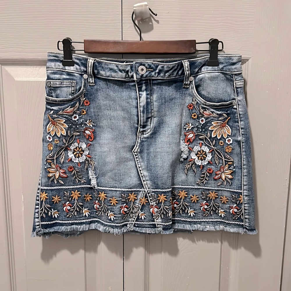 Denim Floral Mini Skirt